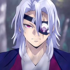 an anime character with white hair and purple eyes