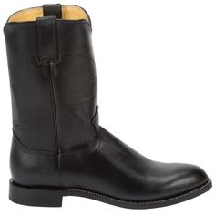 An understated classic, this roper boot is a simple black boot with a traditional silhouette. The quality leather exterior glistens with the sheen of luxury and its round toe and unit heel provide a relaxed fit in and out of the stirrup. The J-Flex Flexible Comfort System insoles keep things comfortable with leather-covered cushioned insole and triple density insole board. $199.95 1950s Shoes, Justin Boots Womens, Dresses With Cowboy Boots, Boots Mid Calf, Boots Slippers, Western Style Boots, Saddle Shoes, Roper Boots, Cowboy Outfits