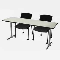 two black chairs sitting at a rectangular table