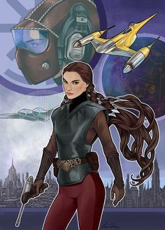 an image of a woman with long hair in front of a space ship and fighter plane