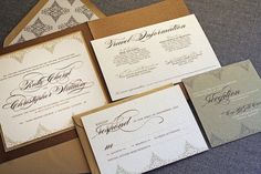 the wedding stationery is laid out on top of each other, with matching envelopes