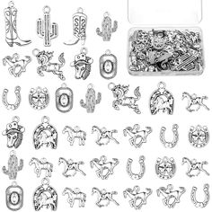 PRICES MAY VARY. Adequate amounts: you will receive 78 pieces of western charms for jewelry making in 13 styles, each style accounts for 6 pieces, the sufficient quantity and various styles can satisfy your different demands, you can choose the one you like for a nice decoration Cowboy theme design: these silver cactus charm kits are designed with different patterns, like horses, boots, hats, cactus, horseshoes, and so on, simple, classic, and chic, full of cowboy elements, bring you a feeling o Boot Charms, Horse Bracelet, Cowboy Theme, Mini Horse, Charms For Jewelry Making, Horses Pendant, Boot Jewelry, Western Horse, Jewelry Making Charms