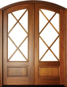 an open wooden door with two side panels on the top and bottom, in front of a white background