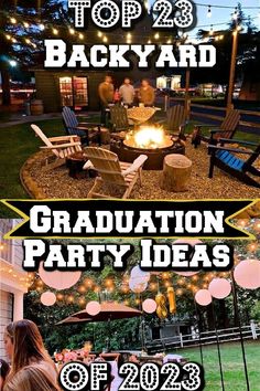 an outdoor party with chairs and fire pit