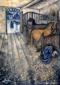 a painting of two horses in a stable with their stalls open and one horse laying on the ground