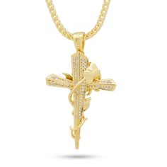 With the beauty of the rose and the symbolic meaning of the cross, the Thorned Cross necklace is a unique and vibrant piece perfect for both men and women. Spiritual Rose Gold Cross Necklace, Men's Necklace Gold, Ice Rose, Mens Crosses, Clear Stone, Men's Necklace, The Rose, Cz Stone, The Cross