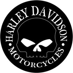 the logo for harley davidson motorcycles, which is black and white with a skull on it