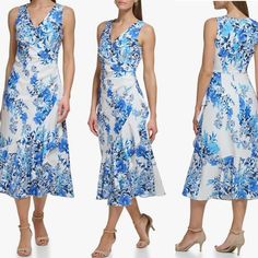 Eliza J Sleeveless V-Neck Midi Dress Womens 4 White Blue Floral Vacation New Brand New Size: 4 Check Photos For Measurements. #750,524 Blue V-neck Sleeveless Dress For Spring, Eliza Dress, Eliza J Dresses, V Neck Midi Dress, Eliza J, Blue Floral, White Blue, New Color, Blue White