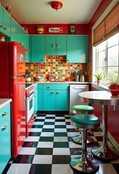 A lively, colorful kitchen inspired by retro design, with bold patterns, vibrant colors, and vintage-style appliances for a playful, nostalgic feel. #RetroKitchen #EclecticDesign #VintageVibes Old Style Kitchen, 50s Kitchen, Funky Kitchen, Decorating Above Kitchen Cabinets, Kitchen Styling Modern, Old World Kitchens, Turtle Soup, Kitchen Decor Signs, Rustic Wall Shelves