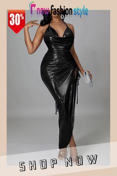 Black Elegant Solid Split Joint Asymmetrical Halter Dresses Glamorous Black Bodycon Dress With Asymmetrical Neckline, Luxury Black Sleek Asymmetrical Dress, Black Asymmetrical Hem Bodycon Club Dress, Luxury Black Draped Asymmetrical Dress, Luxury Black Pre-draped Asymmetrical Dress, Sleeveless Skirt, Straight Clothes, Black Halter Dress, Asymmetrical Skirt