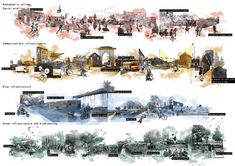 several different types of buildings and people in the city with watercolors on them