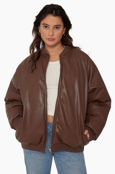 SET™ VEGAN LEATHER BOMBER IN CEDAR Oversized Puffer, Boyfriend Jacket, Set Active, Vegan Leather Jacket, Active Women, Leather Fabric, Coats Jackets Women, Vegan Leather, Coats For Women