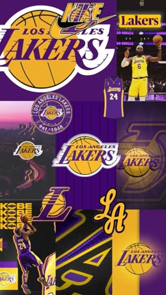 the los lakers logo is shown in purple and gold, along with other sports logos