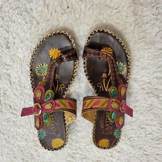 Pre Worn Used Only A Few Time Like Brand New Spring Floral Print Leather Heels, Leather Sandals With Floral Print And Round Toe, Multicolor Leather Slip-on Heels, Multicolor Leather Bohemian Heels, Multicolor Bohemian Leather Heels, Bohemian Multicolor Leather Heels, Spring Step Shoes, Tooled Leather, Leather Tooling