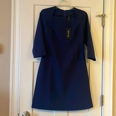 Bought This Dress For Work And Never Wore It. Navy Blue Dress, 3/4 Sleeves. A Line. New. Blue 3/4 Length Dresses For Work, Blue 3/4 Length Dress For Work, Blue Half Sleeve Dress For Office, Blue Half Sleeve Office Dress, Dress For Work, Navy Blue Dress, Navy Blue Dresses, Blue Dress, Blue Dresses