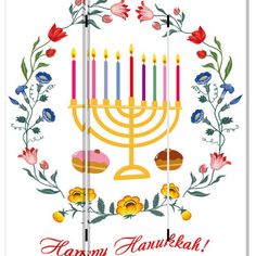 a hanukkah menorah with flowers and candles in the center, on a white background