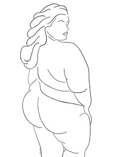 a line drawing of a woman's body in black and white, with her hands behind her back