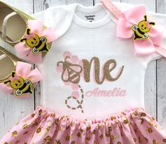 1st Bday Outfit, Fun To Bee One, Bee First Birthday, Bee Outfit, Gold Birthday Outfit, Monthly Onesies, Bee Birthday Party, Bee Day, First Birthday Outfit