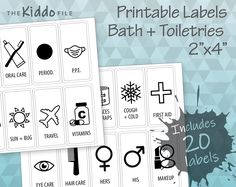 the printable labels for bathroom and toiletries are shown in three different styles, including symbols