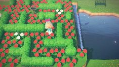 an animal crossing game in the middle of a field with red flowers and a bench