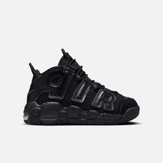 Style No. FV2264-001 Color: Black/Anthracite/Black One thing stands out about the Nike Air More Uptempo. It's all about the A-I-R! These everyday shoes were in a league of their own in the '90s. Now, they're ready to help you blaze a new trail with the swag of a legend and the lasting comfort of Air cushioning. Real and synthetic leather combines for a throwback feel that's durable and supportive. Max Air unit in the heel provides big cushioning with every step, while big "AIR" letting inspired Nike Air Uptempo Shoes, Shoes Wishlist, Nike Air Uptempo, A League Of Their Own, League Of Their Own, Nike Air More Uptempo, Nike Air More, Baddie Style, Pretty Shoes Sneakers