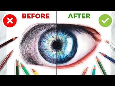 an eye with colored pencils next to it and the words, before and after