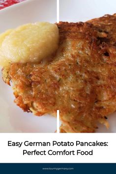 German potato pancake with a dollop of applesauce on a white plate.