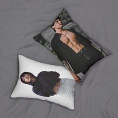 two pillows with the same photo on them, one has a man's shirt