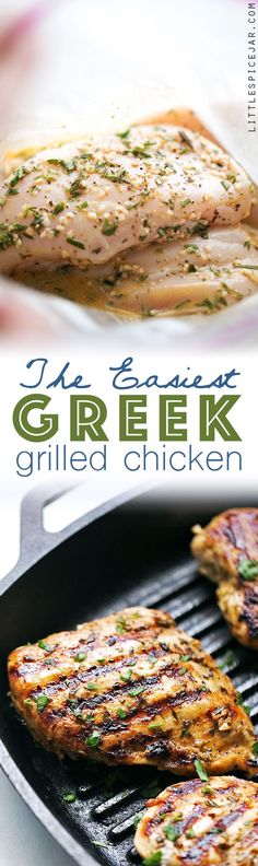 grilled chicken on the grill with text overlay that reads, the best greek grilled chicken