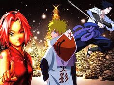 two anime characters standing in front of a christmas tree, one pointing at the camera