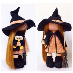 two pictures of a doll dressed up as a witch