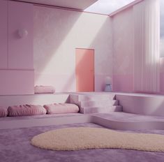 a bathroom with pink walls and carpeted flooring