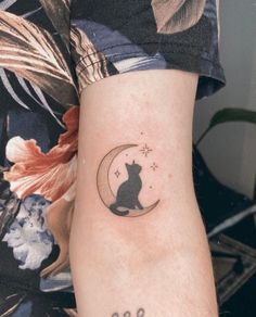 Cat Tattoo Celestial, Cat Moon Stars Tattoo, Crescent Moon Cat Tattoo, Cat And Moon Tattoo Design, Cat Sitting On Moon Tattoo, Cat In Moon Tattoo