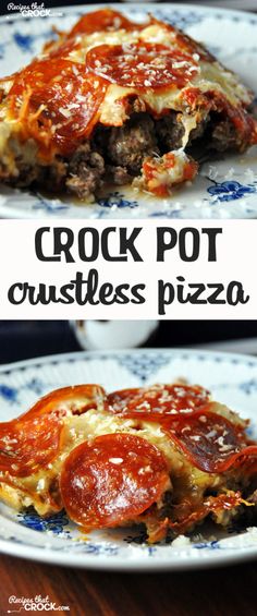 crock pot crustless pizza on a blue and white plate with text overlay