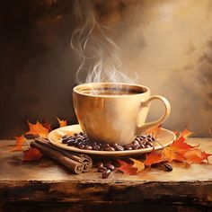 a painting of a cup of coffee on a table with autumn leaves and cinnamons