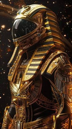 a gold and black robot standing in front of a space filled with stars on it