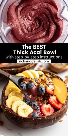 the best thick acai bowl with sliced bananas and blueberries