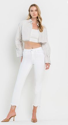 HIGH RISE UNEVEN RAW HEM CROP FLARE JEANS COMFORT STRETCH DENIM, HIGH RISE WAIST, UNEVEN RAW HEM, CROPPED LENGTH, FLARE JEANS F. RISE: 10" / INSEAM: 27'' / LEG OPENING: 16 1/2" MODEL IS 5' 10'' WEARING SIZE 26 Luxury Rigid Denim Cropped Jeans With Frayed Hem, White Cotton Cropped Flare Jeans, White High-rise Cropped Jeans With Frayed Hem, Cotton Flare Jeans With Contrast Stitching, Cropped Leg, Mid-rise Cropped Jeans With Frayed Hem In Rigid Denim, Crop Flare Jeans, Crop Flare, Cropped Flare Jeans, Cropped Flares