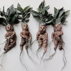 four small carrots with leaves on them are arranged in the shape of human figures