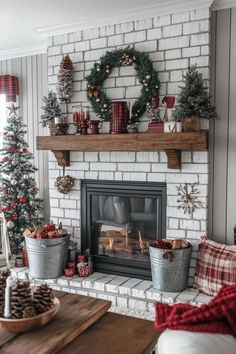 a living room with a fireplace and christmas decorations