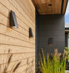 two lights on the side of a house next to some grass and plants in front of it