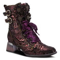 L'artiste Originala Boots Elevate your shoe game with the L'artiste Originala Boots. These military-inspired ankle boots are designed for both men and women seeking a unique and eye-catching style. Crafted with a one-of-a-kind Pop Art metallic suede print against a contrasting black suede background, these boots are sure to turn heads wherever you go. Adding a touch of vintage charm, the antique brass lucky horseshoe buckle and filigree button embellishments create a sense of nostalgia and authe Suede Background, Granny Boots, L'artiste By Spring Step, Button Embellishments, Spring Step Shoes, Lucky Horseshoe, Western Booties, Purple Suede, Military Inspired