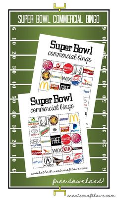 super bowl commercial bingo game with the words super bowl commercials on it and an image of a football field