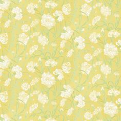 a yellow background with white flowers and green leaves