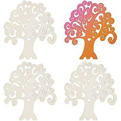 three paper cutouts of trees with swirly leaves and hearts on the top one