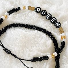 QUEEN ENERGY -.-.-.-.-.-.-.-.-.-.- Black and White Letter Beads with Gold Arrows and Black and White Seed Beads on Adjustable Cord AND Black Seed Bead Adjustable Cord Bracelet -.-.-.-.-.-.-.-.-.-.- Adjustable, wax-coated, and waterproof bracelet stacks! These beauties are perfect for all year round! -.-.-.-.-.-.-.-.-.-.- *All bracelets are handmade and may vary from the pictures.If colors are no longer available a message will be sent to you with options.* **Bracelets are made from wax coated po Queen Energy, Adjustable Cord Bracelet, Bracelet Stacks, Black Seed, Cord Bracelet, Letter Beads, White Letters, Cord Bracelets, Bracelet Stack