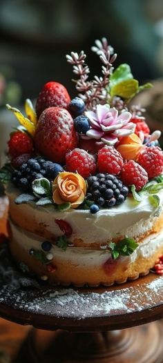 there is a cake with berries and flowers on it