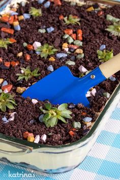 a pan filled with dirt and plants on top of a table