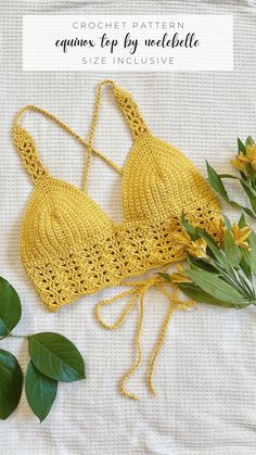 A yellow crochet crop top sitting on a white blanket amongst yellow flowers and green leaves. Text reads: crochet pattern, equinox top by noelebelle, size inclusive Crochet Cotton Top Free Patterns, Crochet Top Straps, Crochet Straps For Tops, Amigurumi Inspiration, Crochet Friends