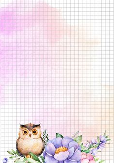 an owl sitting on top of a flowery branch next to a pink and purple background